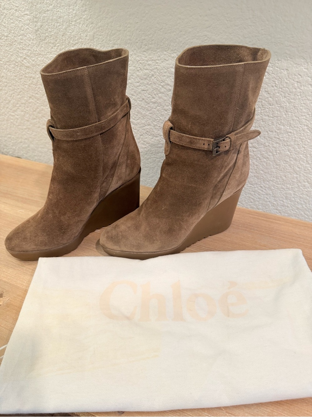 Chloe Brown Suede Wedge Ankle Boots. Size EU 38
